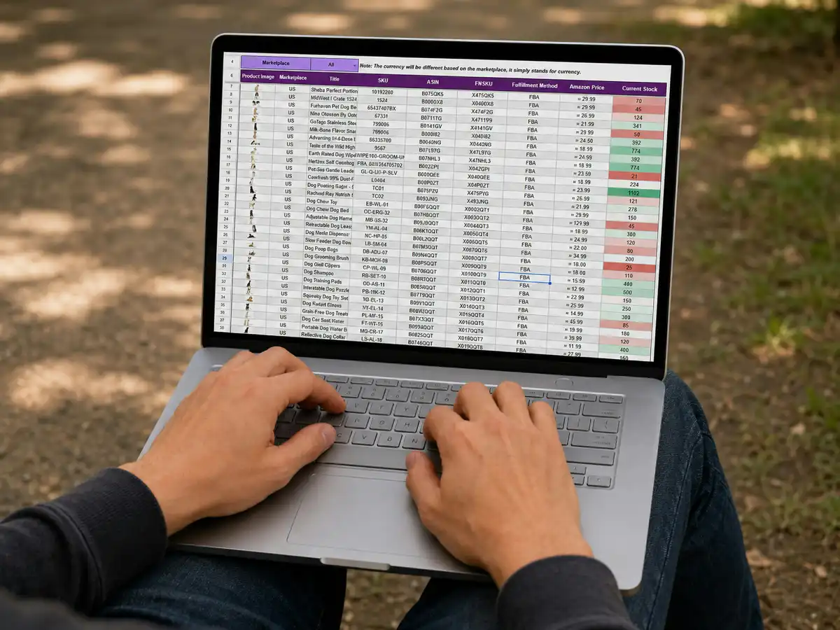 A person typing on a laptop computer outdoors in a park
